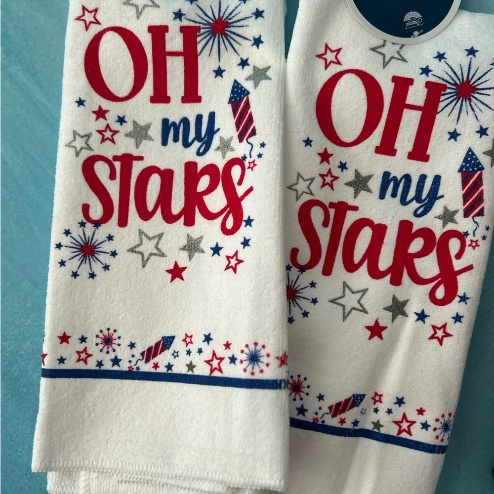 White Cotton Hand Towels with Red, Blue & Silver Stars  Set of 2